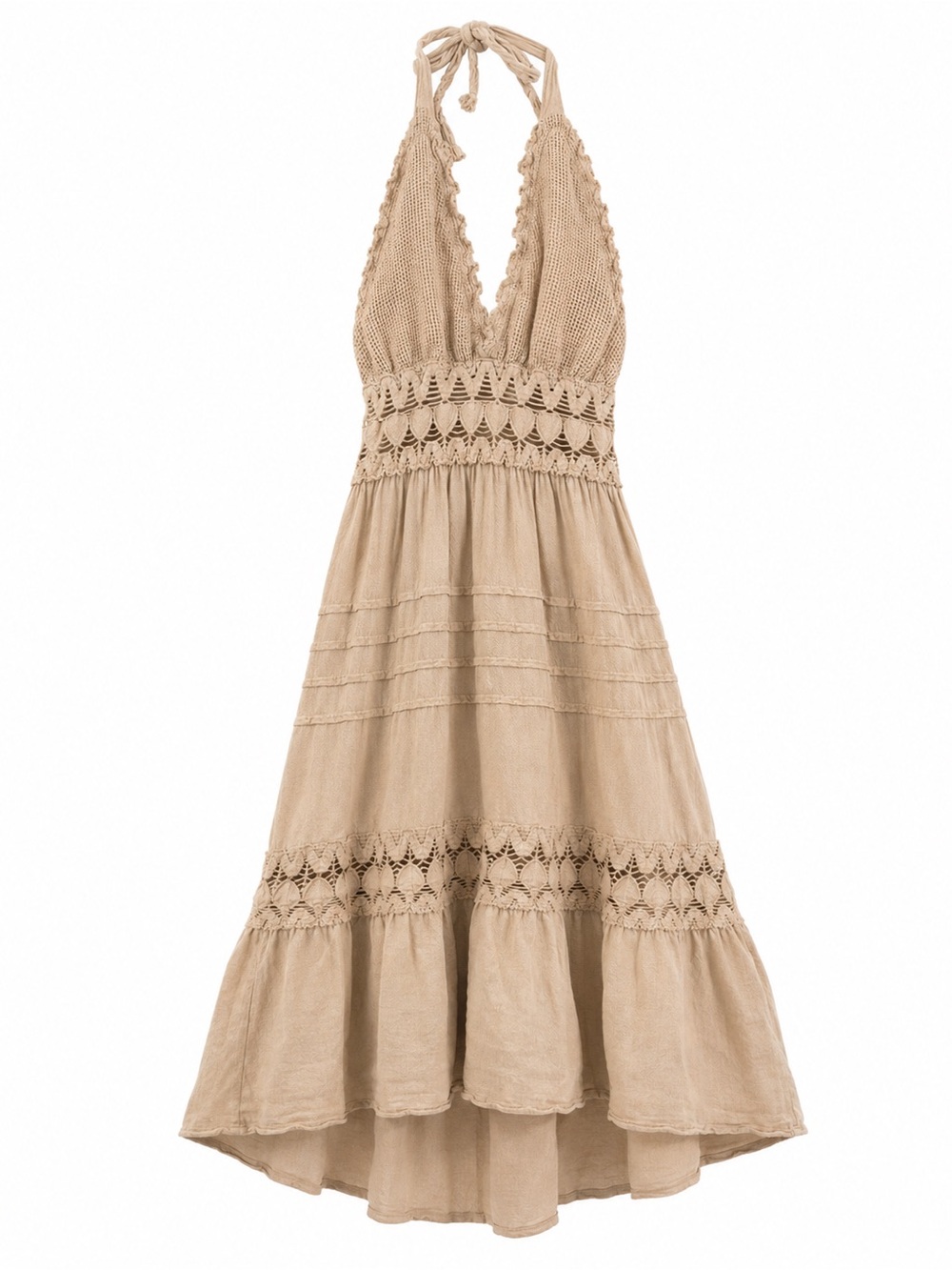 Seaspice Resort Wear Peruvian Cotton Crochet Halter High Low Boho Dress Size S